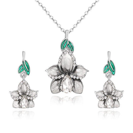 A Collector’s Gift: 14K Gold Plated Enamel Orchid Flower Teardrop Necklace Earrings Jewelry Set Gifts for Women, Valentins' Day/Mother's Day/Christmas Jewelry Gift Gifts Amazon White