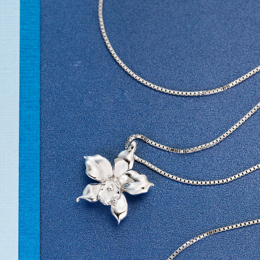 A Collector’s Gift: 925 Sterling Silver Orchid Flower Necklace Pendant with 18" Box Chain, Nickle Free Hypoallergenic for Sensitive Skin, Island Tropical Jewelry with Gift Box Gifts Amazon