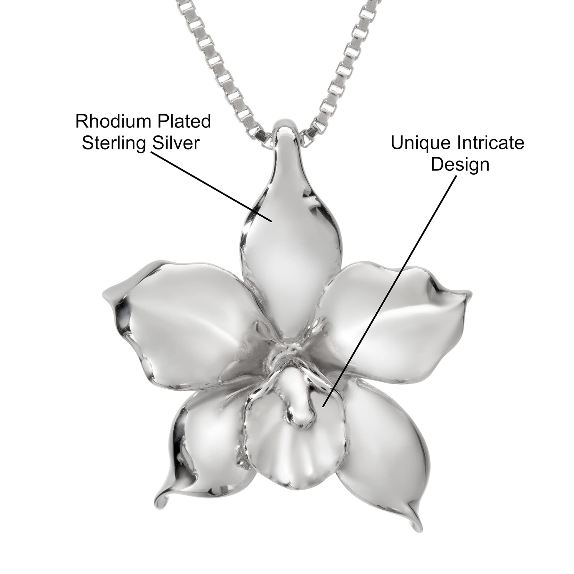 A Collector’s Gift: 925 Sterling Silver Orchid Flower Necklace Pendant with 18